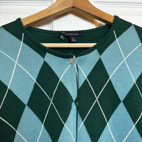 Lands’ End 100% Supima Cotton Argyle Cardigan Green Blue Women’s Size Large - Picture 9 of 11